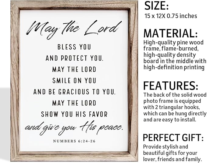 Christian Wooden Plaque, Bible Verse Scripture Decor, Framed Wall Plaque Signs 15 * 11.5 inches, Inspirational Christian Gift, May the Lord Bless You and Protect You Sign