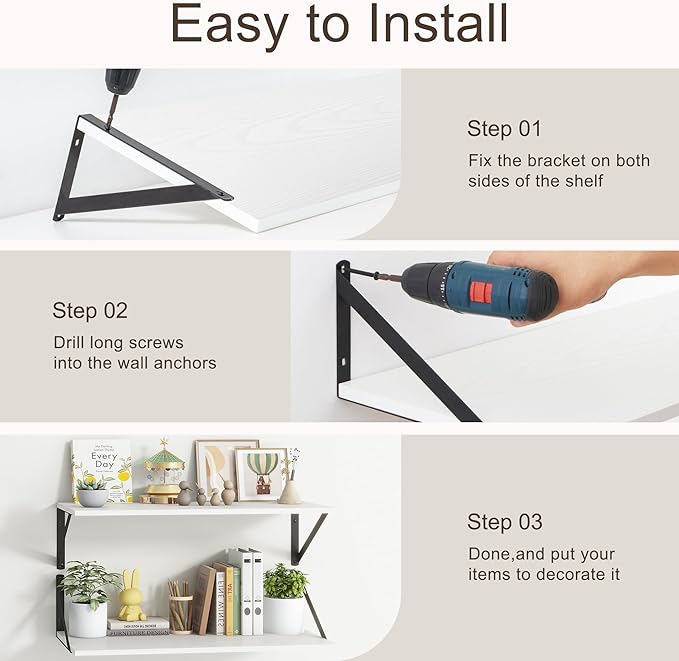 Fun Memories 10 Inch Deep Floating Shelves, White Floating Shelf 16 Inch Long, 16" W x 10" D Wall Shelves Set of 2, Deep Shelves for Books, Wide Floating Shelves for Bahtoom, Living Room, Kitchen