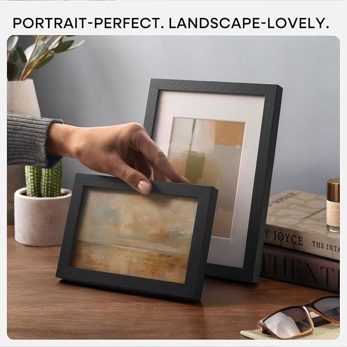Homeforia 9x12 Black Wood Picture Frame, High End Oak 9 x 12 Frames with Mat 7 by 10 Art, 9by12 Black Wooden Frame Matted to 7x10 inch Photo, Wall or Tabletop Frame, Tempered Glass, Wall Kit, Set of 1