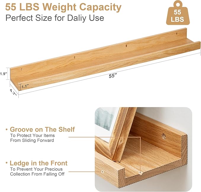 Floating Picture Ledge Shelves 55 Inch Solid Oak Wood Set of 2, Rustic Wall Storage Shelves with Lip, Kids Bookshelf, Photo & Picture Ledge Shelves for Bedroom, Living Room, Kitchen