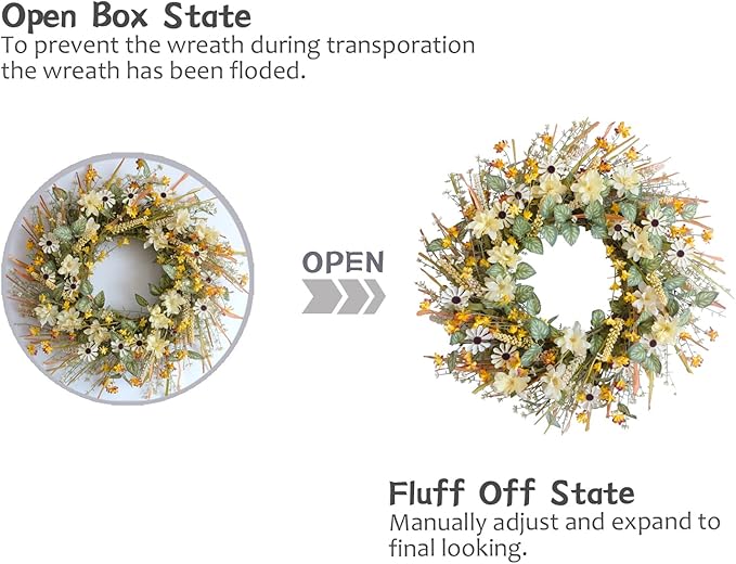 idyllic 20 Inches Spring Summer Front Door Wreath, Yellow and White Daisies Flowers, Ear of Wheat, Green Leaves Wreath for Front Door