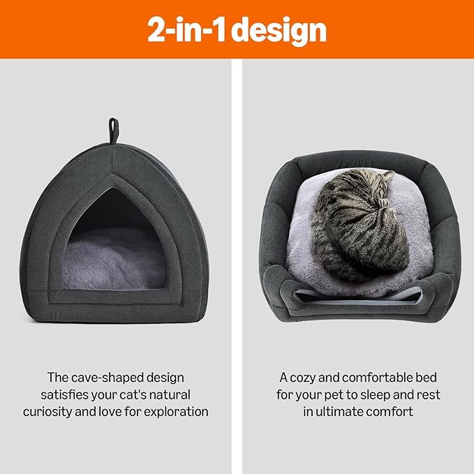 Amazon Basics Cat Cave Bed, 2-in-1 Foldable House for Indoor Cats, with Washable Cushion and Non-Slip Base, 15 x 15 Inches, Small
