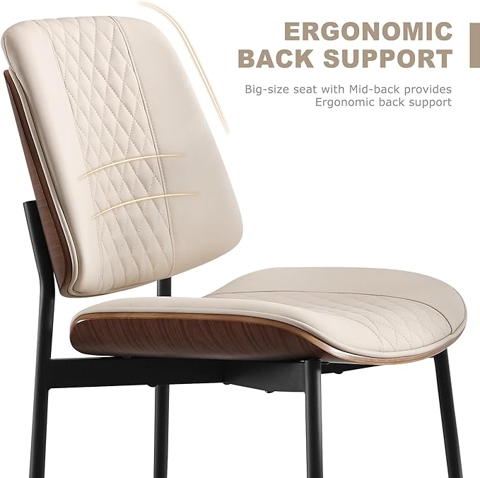 BV Dining Chairs Set of 6, PU Leather Armless Kitchen Chair in Modern Walnut Style, Mid Century Bentwood Side Chair with Metal Legs, Retro Accent Guest Chair for Kitchen Dining Room(Beige)