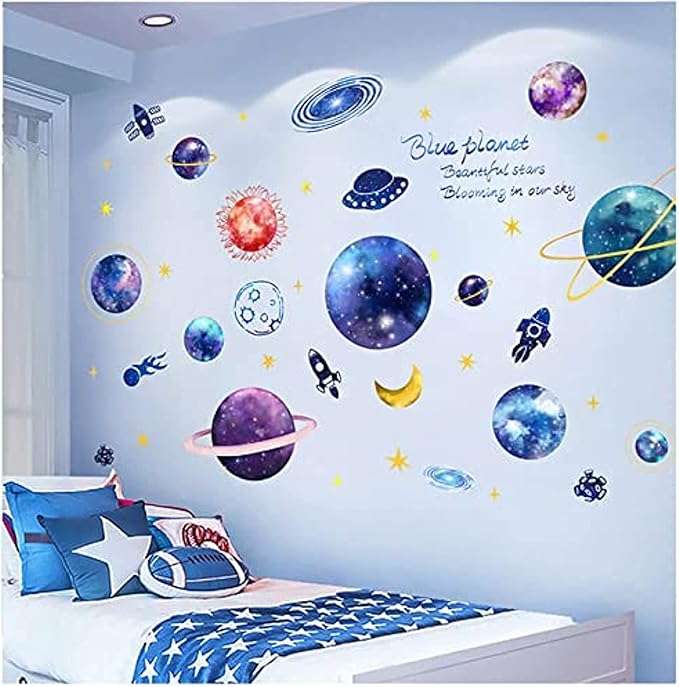 Quanhaigou Blue Purple Galaxy Wall Decals, Removable Sticker,The Art Magic 3D Milky Way Cosmic Stars Spacecraft Dreamscape Home Decor for Bedroom Living Room Floor Ceiling Kids Room