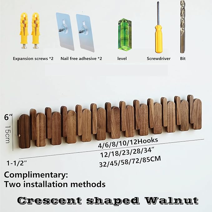 Wall Mounted Piano Key Hanger | Flip Style Hook | Entrance Wall Art Hook, Made of Oak Wood (3 Times Painted, 4 Times Polished) (Arc Walnut, 8Hooks)