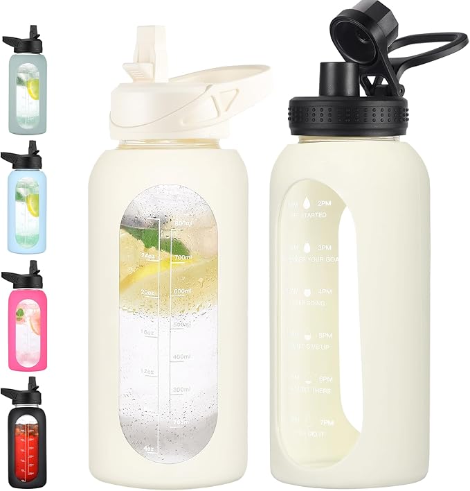 32 oz Glass Water Bottle with Straw and Handle, Sports Motivational Water Flask with Silicone Sleeve, Large Leakproof Water Flask Cup with Time Marker for Travel, Gym, Cream