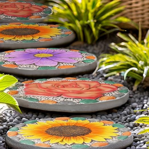 Decorative Rose Garden Stepping Stone - Stepping Stones Outdoor with Colorful Pebble Border, 10x10 inches