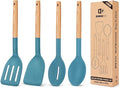 Pack of 4 Silicone Cooking Utensils Set, Non Stick Solid Spatulas and Heat Resistant Slotted Spoons with Wooden Handle, Ideal Wood Kitchen Utensils Set for Frying,Serving,Turning,Stirring (BLUE)