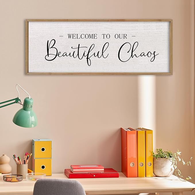 comurdyo Welcome To Our Beautiful Chaos Wall Decor Art 40"X15" for Home Entryway Sign Large Wood Framed Wall Hanging (Wood)