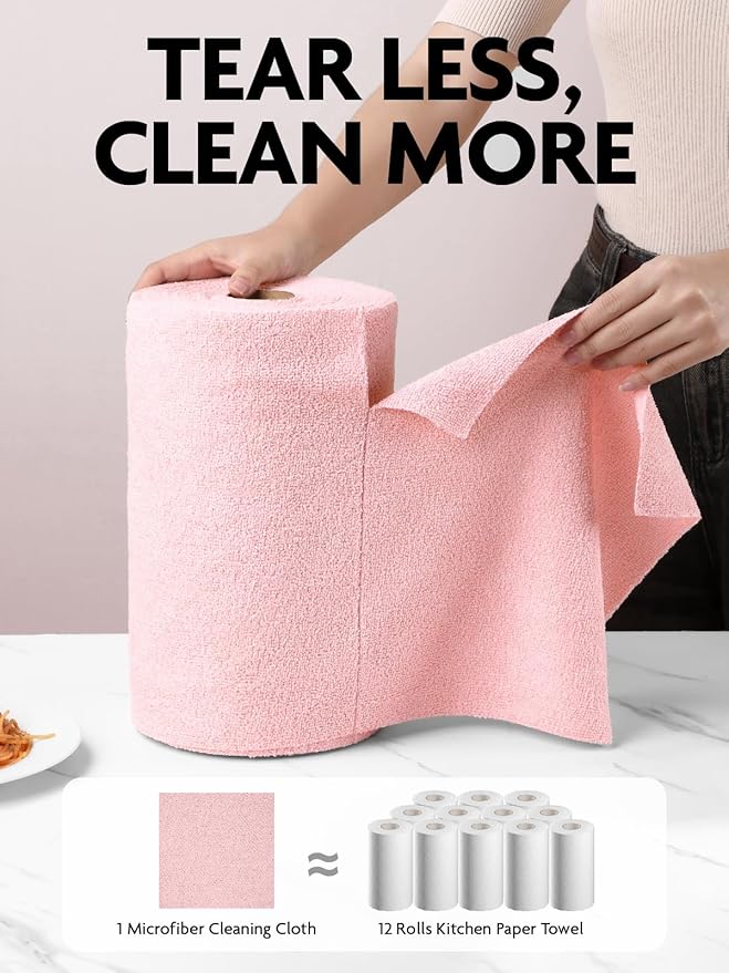 Fantasticlean Microfiber Cleaning Cloth Roll -40 Pack, Tear Away Microfiber Towels, 12" x 12", Reusable, Washable, Scratch Free, Ultra Absorbent Dish Rags for Car, Home, Garage or Shop (Pink)
