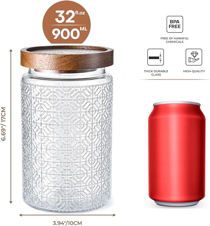 32oz Vintage Glass Jar With Lid, Glass Storage Containers, Airtight Kitchen Storage Containers For Sugar, Coffee, Tea, Spice, Flour, Candy Cookie, Pasta, Cereal, Cute Decorative Jars
