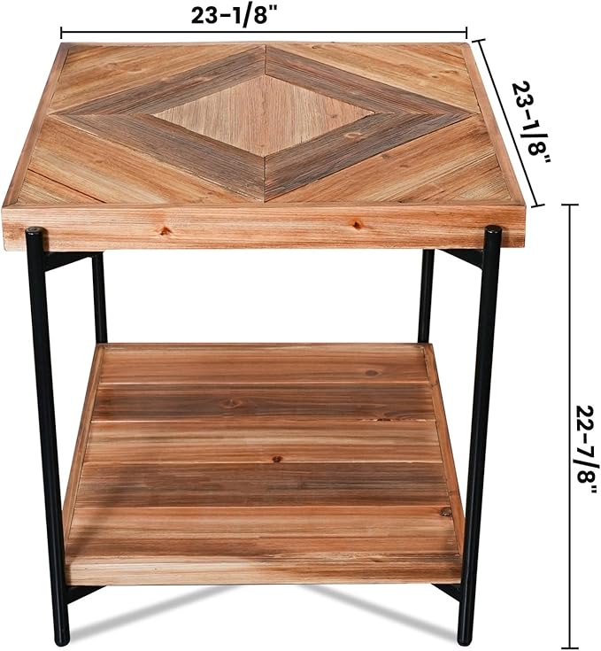 CONSDAN StoneCreek Solid Fir Wood Side Table - Metal Frame, 2-Tier End Table for Living Room/Bedroom/Office, 23" Square Night Stand, Accent Table
