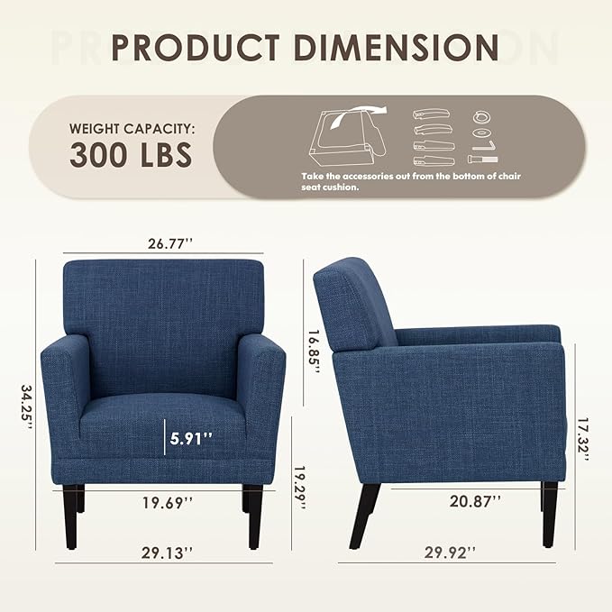 COLAMY Modern Accent Chair for Living Room, Upholstered Fabric Accent Armchair with Back, Soft Single Sofa Chair with Arms for Bedroom/Office/Reception Room, Blue