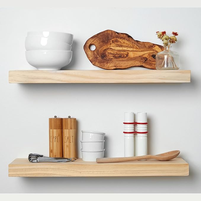 Homeforia 24 inch Wood Floating Shelves, High End Solid Natural Wood 24inch Floating Shelf for Wall, Unfinished Wooden 24 inches Floating Shelves, Heavy Duty Bracket, 24 X 6.5 X 1.75 in, Set of 4