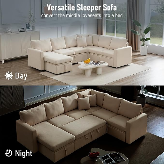 7 - Seater Sofa Bed, Large U - Shaped Modular Sectional Sofa, Oversized Pull - Out Sleeper with Storage for Living Room, Beige