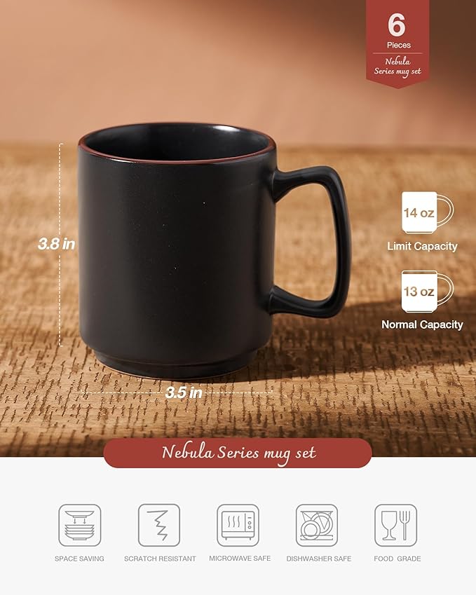 famiware Coffee Mugs Set of 6, Nebula 14oz Coffee Mugs, Ceramic Cup Set with Handle for Latte, Tea, Milk, Cappuccino, Cocoa, Matte Black