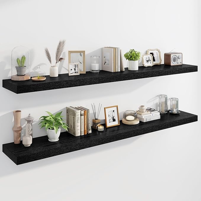 Marsmiles 72" Floating Shelves for Wall, Wooden Shelves with Invisible Brackets Set of 2, Rustic Farmhouse Wall Mounted Shelf for Kitchen Bathroom Living Room Study, Black