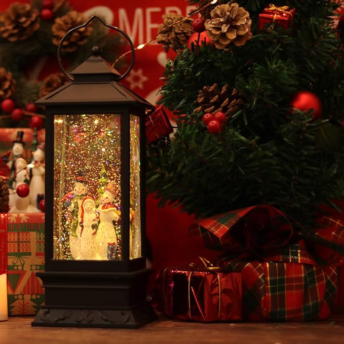 Eldnacele Singing Battery Operated Musical Lighted Christmas Snowman Water Glittering Swirling Snow Globe Lantern with Music Christmas Home Decoration and Gift, Snowman Family