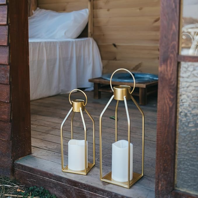 HPC Decor Modern Farmhouse Lantern Decor- Gold Metal Candle Lanterns for Christmas- Lanterns Decorative w/Timer Flickering Candles for Living Room, Home, Indoor, Outdoor, Table,Fireplace Mantle Decor