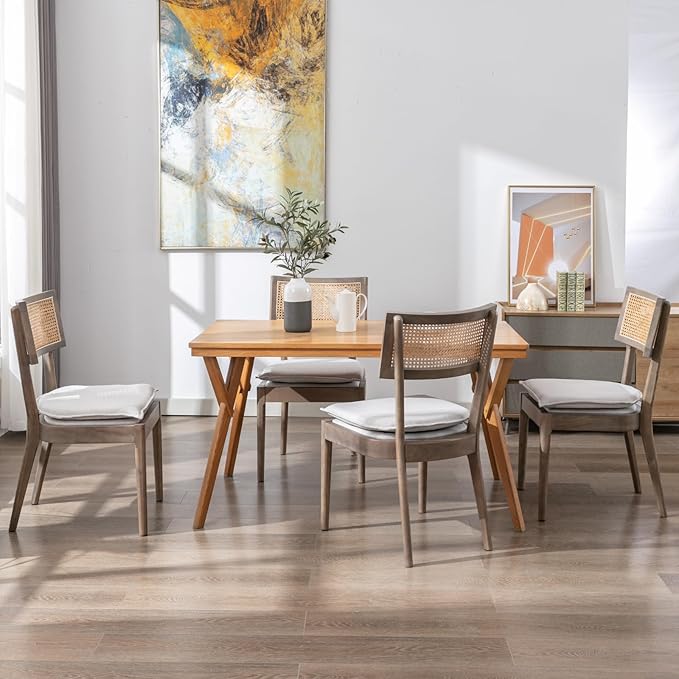 Rattan Dining Chairs Set Of 2 , Mid Century Modern Upholstered Cane Back Chairs with Removable Linen Cushion , Retro Farmhouse Natural Wooden Kitchen & Dining Room Chairs for Restaurant Living Room