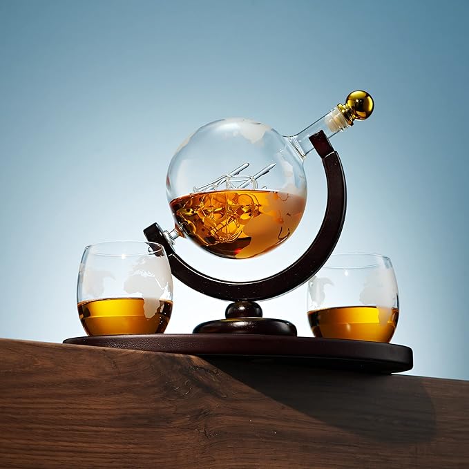 Whiskey Decanter Globe Set with 2 Etched Whiskey Glasses - for Liquor Scotch Bourbon Vodka, Gifts For Men - 850ml