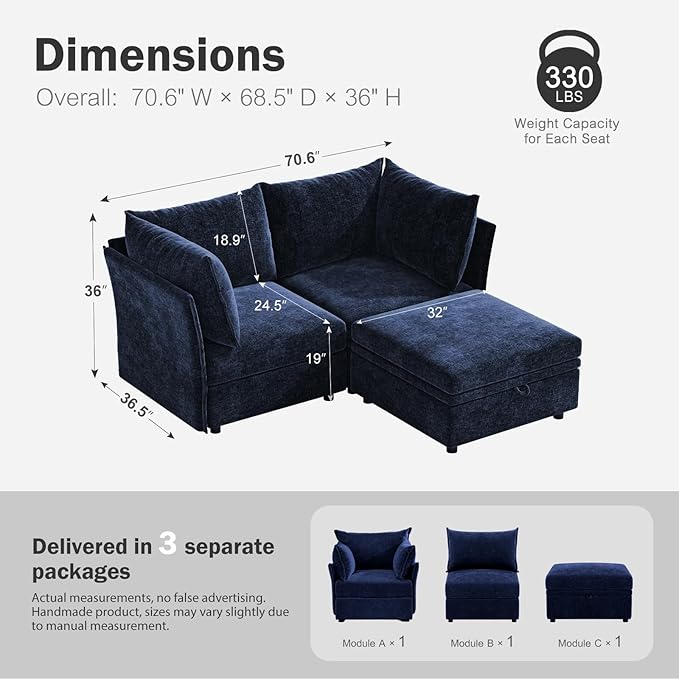 Luxury Modular Sectional Sofa, L-Shaped 3-Seat Couch with Storage Ottoman Deep Seat & Reversible Chaise Lounge Chenille Blue for Compact Spaces, Apartments, Dorm
