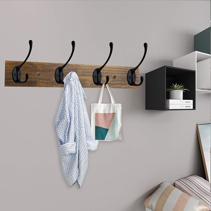 IBosins Wall Mounted Coat Rack, Entryway Hanging , Metal Wood Rack with 4 Black Literary Rustic Hooks Rail for Scarf, Bag, Towel, Key, Cap, Cup, Hat (Brown)