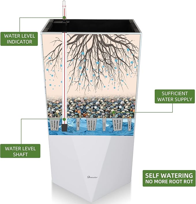 Dexceder 24 Inches Tall Self Watering Planter Diamond High Gloss Indoor Outdoor, Thickened Rhombus Large Floor Standing Flower Plant Pot with Water Level Indicator (White)