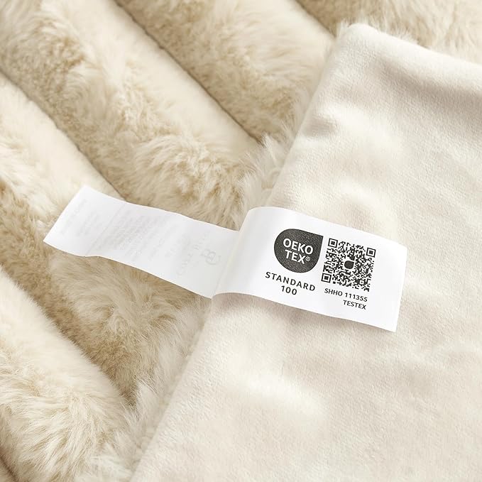 Cozy Bliss Faux Fur Throw Blanket for Couch, Cozy Warm Plush Striped Blanket for Sofa Bedroom Living Room,50 * 60 Inches Beige