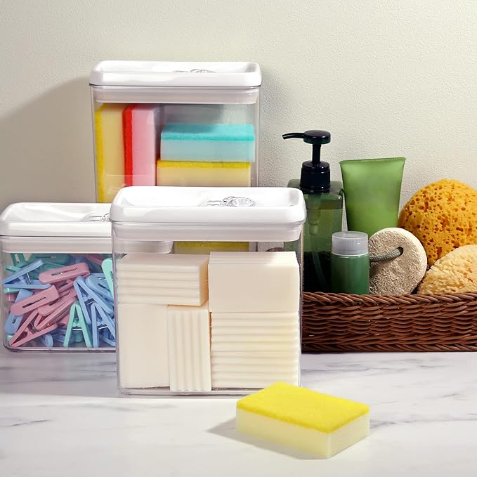 Felli Flip Tite Storage Container with Lid 4” RECTANGULAR Airtight Ring Flip Top, Stackable Kitchen Counter Pantry Organizer Acrylic Canister Jar for Pasta Spaghetti Cereal Granola Coffee (1.9qt)