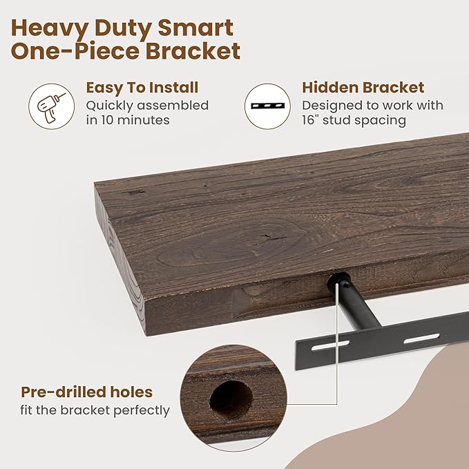 Floating Shelves for Wall Decor, 8 Inch Deep Rustic Solid Elm Wood Floating Shelves Wall Mounted, Wall Shelves with Invisible Bracket for Living Room Bathroom Bedroom Kitchen, 48 Inch Set of 1, Walnut