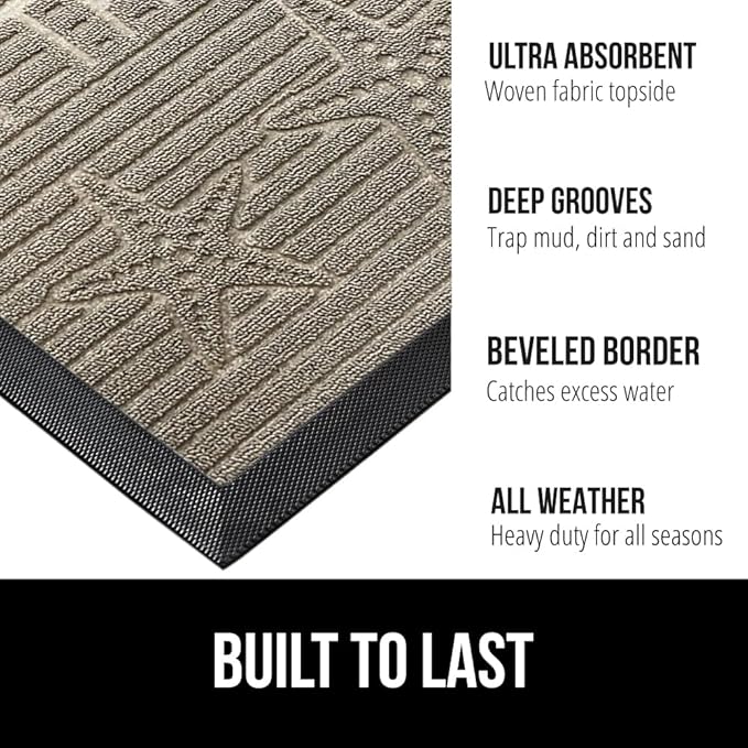 GORILLA GRIP 100% Waterproof All-Season WeatherMax Doormat US Designed Natural Rubber, Stain and Fade Resistant, Low Profile Indoor Outdoor Door Mats, Easy Clean Patio Mat, 17x29, Sand Beach