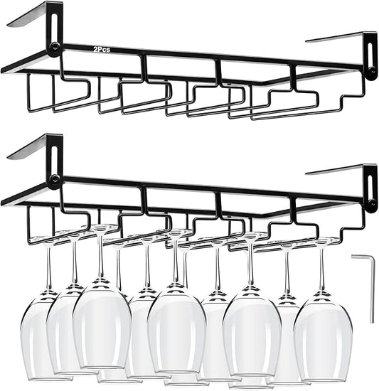 AUHOKY 2Pcs Adjustable Under Cabinet Stemware Metal Glass Holder, Hanging Wine Glass Storage Hanger Organizer for Shelf Kitchen Bar Decor(4 Rows, Black)