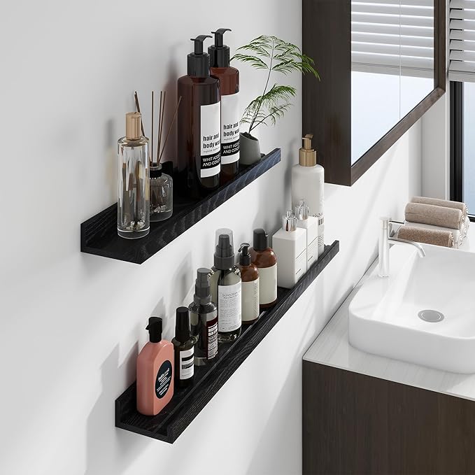 Floating Picture Ledge Shelves 48 Inch Solid Oak Wood Set of 2, Rustic Wall Storage Shelves with Lip, Kids Bookshelf, Photo & Picture Ledge Shelves for Bedroom, Living Room, Kitchen