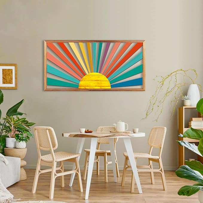 IARTTOP Large Boho Sun Wall Art Framed Wooden Art Wall Decor Sun Geometric Line Sunshine Wall Art for Living Room Bedroom Office 16"" x32, red