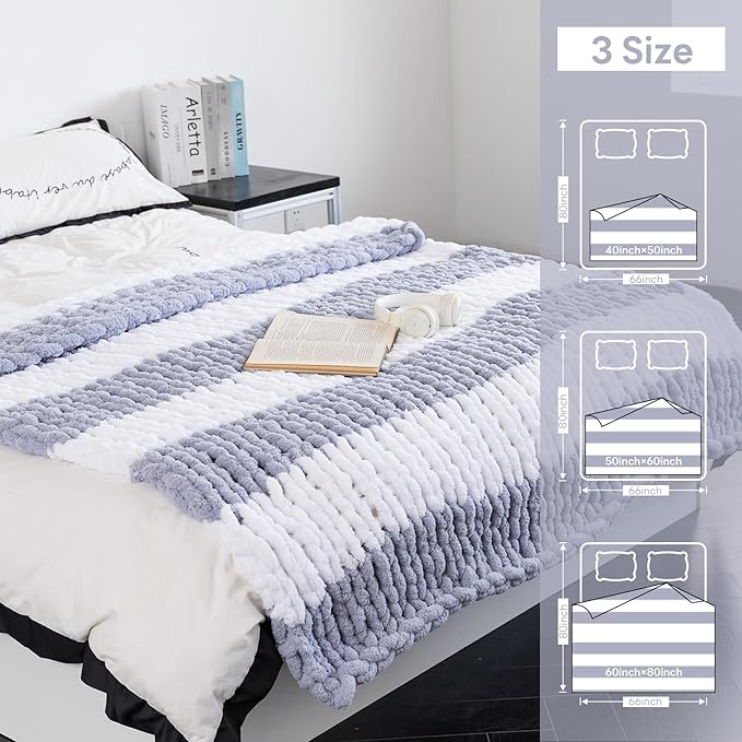Chunky Knit Blanket - Luxury Soft Cozy 60 * 80 Throw Blanket,100% Woven Blanket Rope Knot Throw Blanket for Couch, Sofa, Home Decor, Gift - Machine Washable（White/Light Gray）
