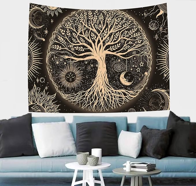 FORATER Tree of Life Tapestry Wall Hanging Sun Moon Stars Tapestries Aesthetic Galaxy Wall Tapestry Nature Home Decoration for Living Room Bedroom(61 x 82 Inch, Black and Gold)