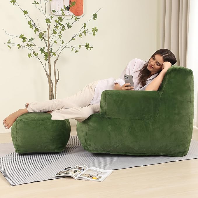 Comfy Gaint Bean Bag Chair with Ottoman, Huge Bean Bag Armchair for Adults and Teens, Green