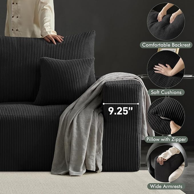 Boneless Sectional Cloud Couch Sofa for Living Room, 112" U-Shaped Modular Modern Lounge Sleeper Black Couches with Chaise, No Assemble, Cordury Compression Upholstered Sofas