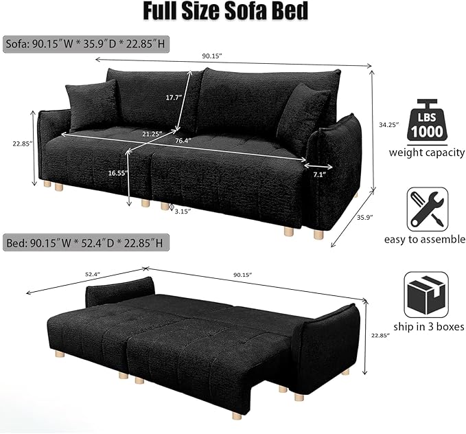 Convertible Sofa Bed, 90" Full Size Sleeper Sofa with Storage, Tufted Chenille 3 Seat Sofa Couches for Living Room, Small Spaces, Guest Room, Apartment, Black