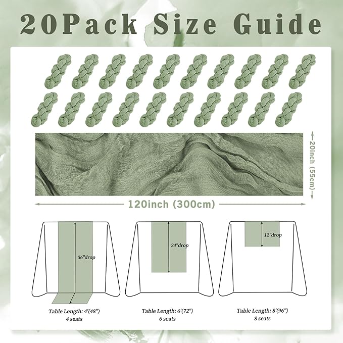 20 Pack Sage Green Cheesecloth Table Runner 10FT Rustic Gauze Fabric Cheese Cloth Table Runner for Wedding Bridal Baby Shower Table Decor 20 x 120 Inch Long Boho Sheer Birthday Party Table Decorations