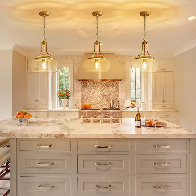 WUZUPS Chandelier Rustic Farmhouse Industrial Round Ceiling Pendant LED Light Fixture with Clear Glass Shades for Dining Room Kitchen Island Foyer Entryway, H 17" x W 13.4", E26 Base, Gold