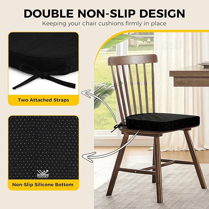 downluxe Indoor Chair Cushions for Dining Chairs, Soft and Comfortable Textured Foam Kitchen Chair Pads with Ties and Non-Slip Backing, 16" x 16" x 2", Black, 6 Pack