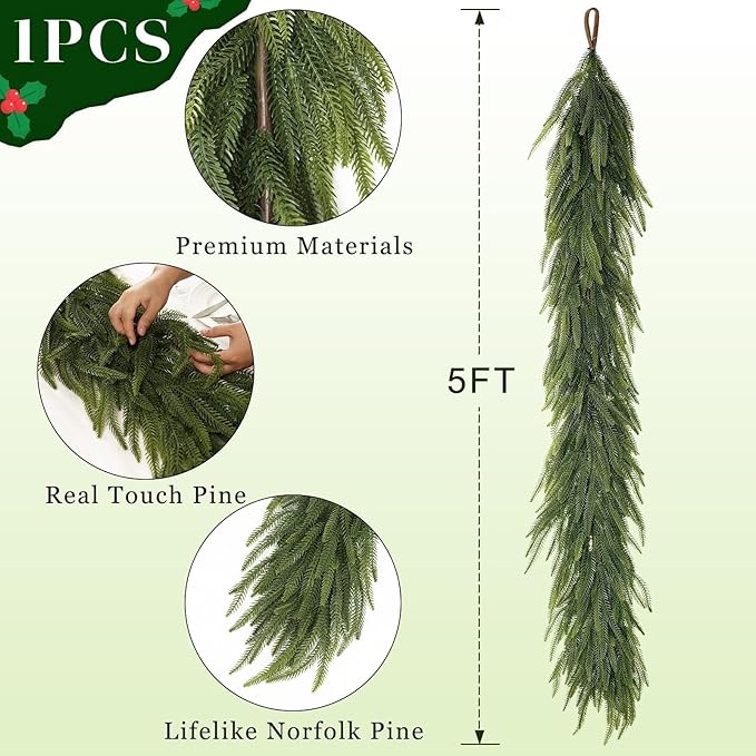 5FT Christmas Norfolk Pine Garland -1PCS, Artificial Pine Needles Garlands Faux Greenery Fake Garland for Holiday Fireplace,Table,Window,Stairs,Mante,Indoor Outdoor Decor
