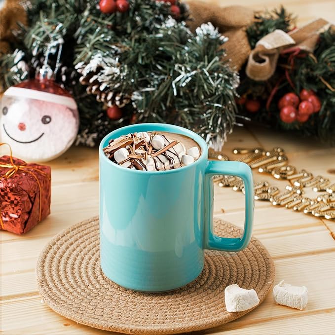 E-liu Porcelain Tea Mugs Coffee Mug Set, Large 15 Ounces Cups for Coffee, Tea, Cocoa, and Mulled Drinks, Set of 6, Turquoise