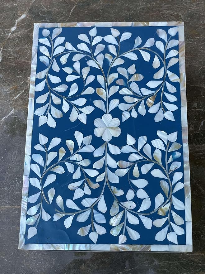 Decorative Storage Box Of Mother Of Pearl Inlay Floral Design Wooden Storage Box For Home Decoration For Living Dining & Bedroom (Navy Blue_12x8x5 inch)