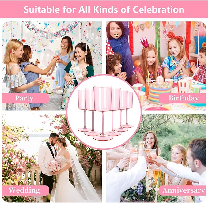 Ciaell 12 Pack Pink Plastic Wine Glasses - 10 Oz Disposable Wine Glasses with Stem for Parties & Weddings & Poolside & Outdoors & Camping