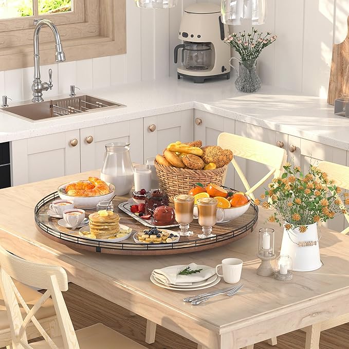 Acacia Wood 24" Lazy Susan Turntable Organizer for Table Top, Farmhouse Extra Large Round Lazy Susan for Serving Kitchen Countertop Cabinet for Charcuterie Centerpiece, Bathroom Vanity Tray Decor