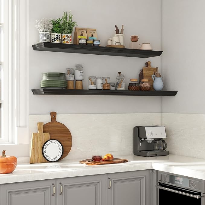 Floating Shelves for Wall, 48 Inch Long Wall Mounted Black Hanging Shelf for Kitchen, Living Room, Office, Bedroom, Bathroom, Retro Vintage Wood Bookshelf for House Decor