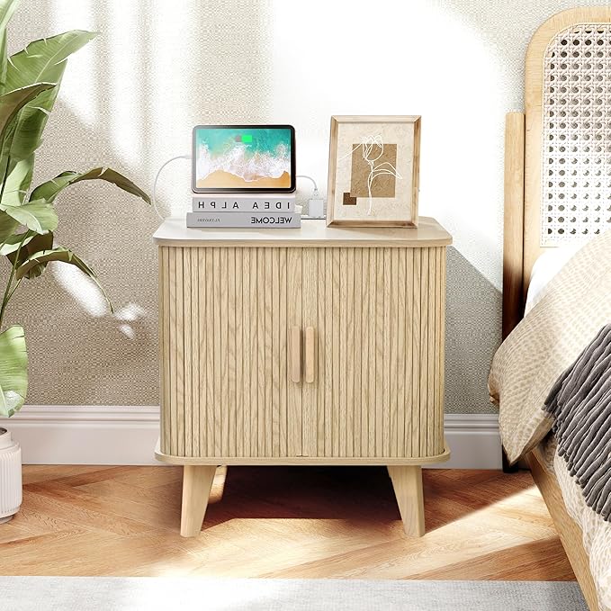 Farmhouse Square End Table with Charging Station, 24" Large Fluted Sofa Side Table with Sliding Tambour Door and Storage, Rustic Curved Wood Nightstand for Living Room, Bedroom, Natural